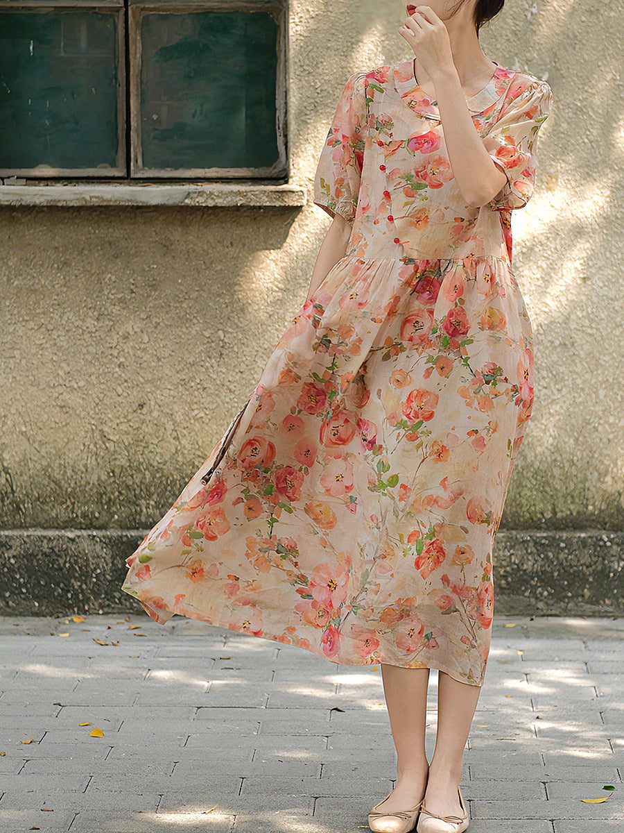 Vestito da donna vintage estivo con bottoni floreali e ampio in ramiè