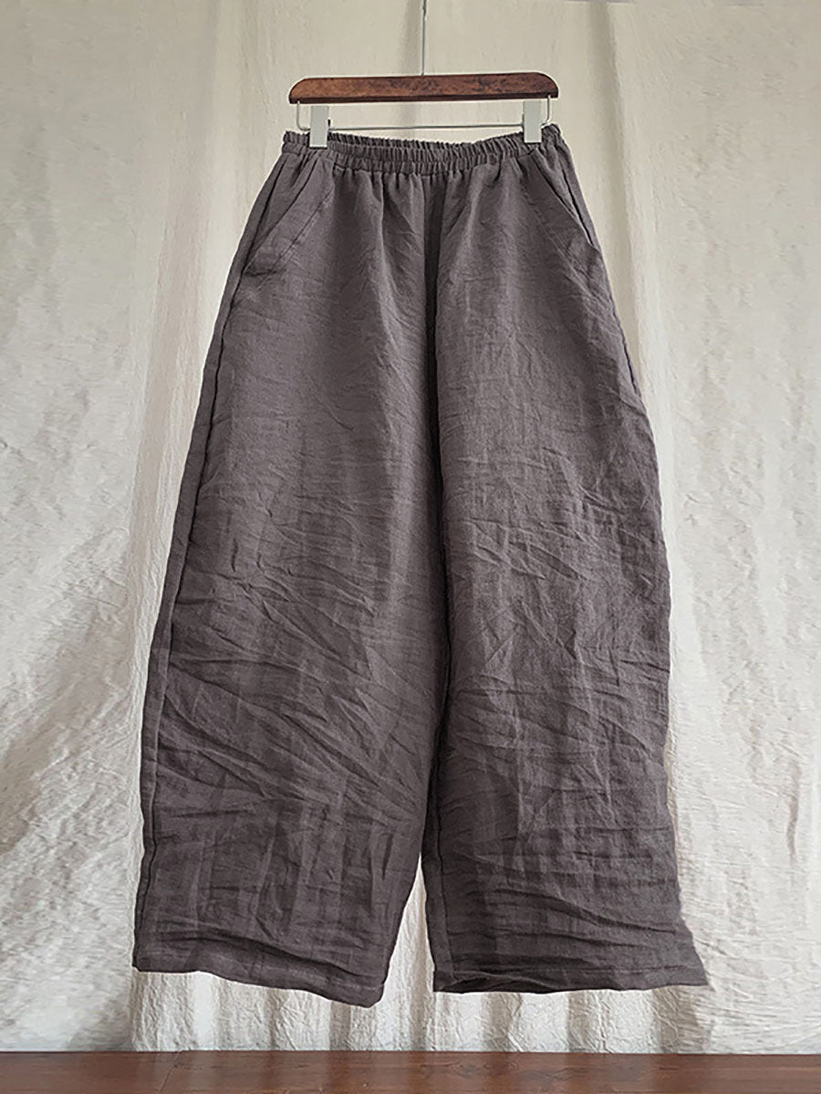 Pantalon en lin décontracté pour femme, couleur unie, ample, taille élastique