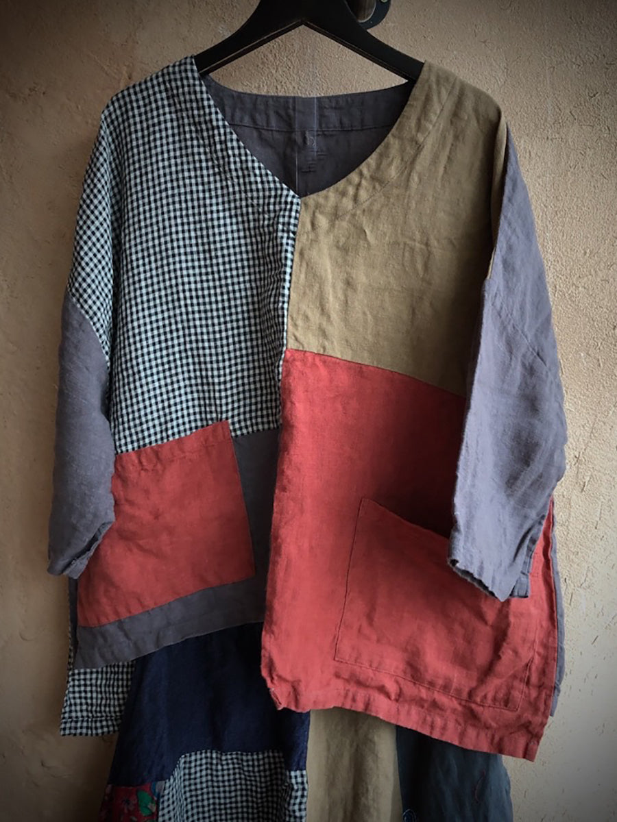 Camicia da donna in lino con toppa retrò, tasca con giunture irregolari e ampia