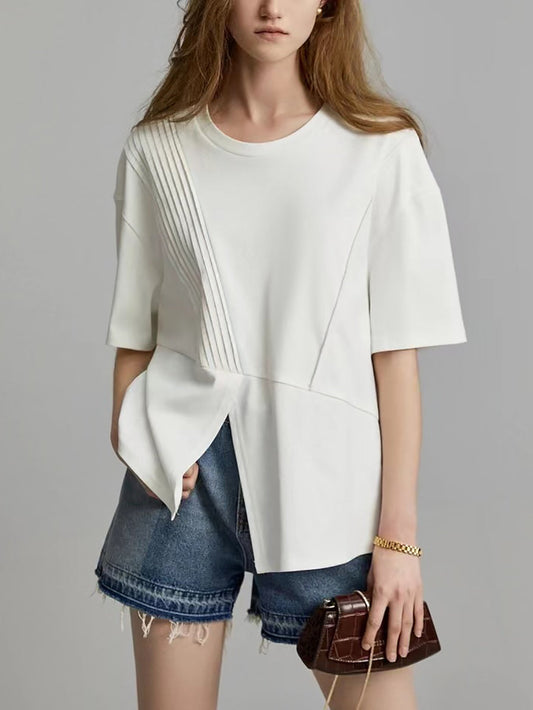 Camicia estiva casual da donna con orlo diviso e pieghe unite