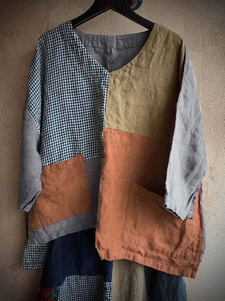 Camicia da donna in lino con toppa retrò, tasca con giunture irregolari e ampia