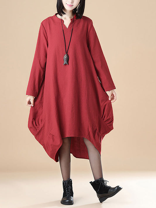 Abito rosso casual ampio a maniche lunghe in cotone per donna