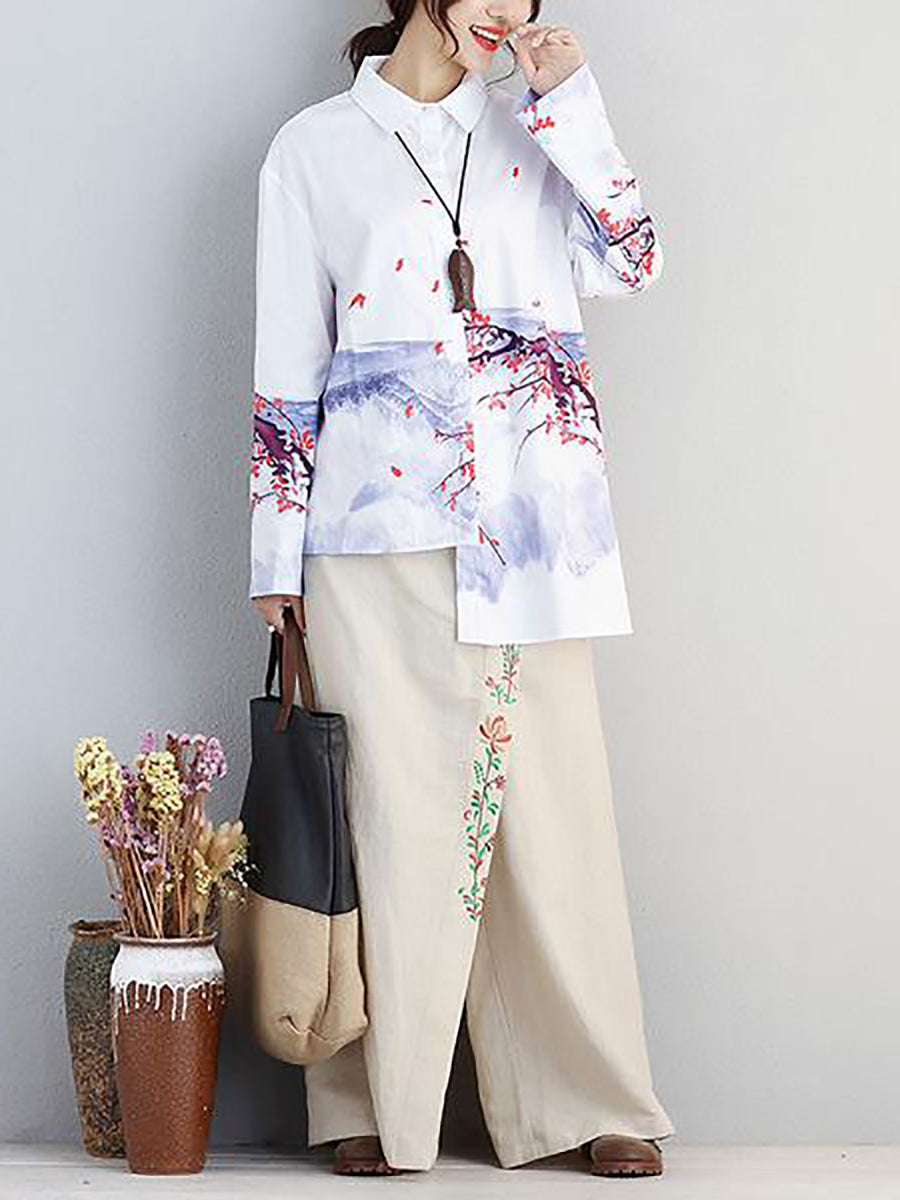 Camicia irregolare monopetto in cotone da donna con stampa letteraria