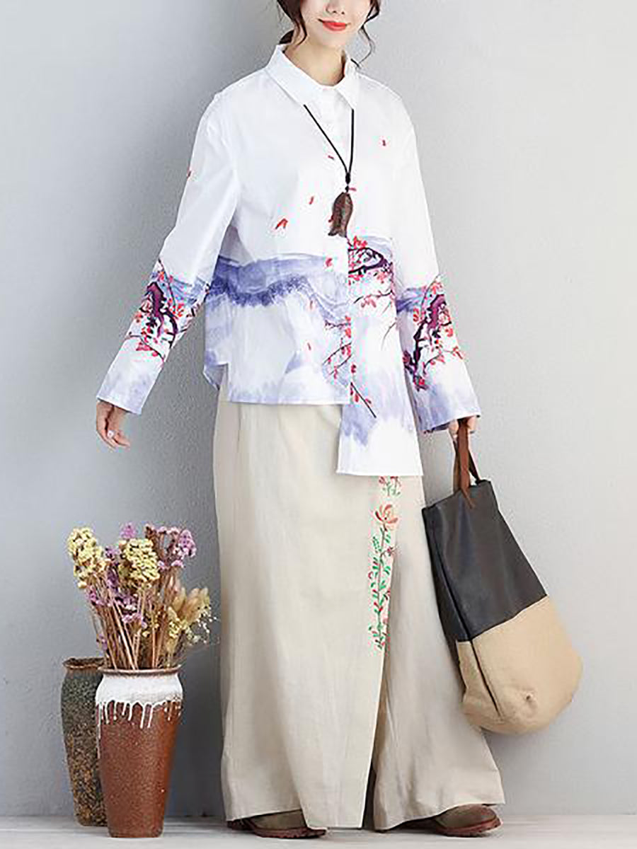 Camicia irregolare monopetto in cotone da donna con stampa letteraria