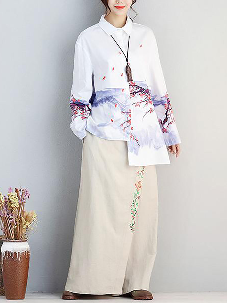 Camicia irregolare monopetto in cotone da donna con stampa letteraria