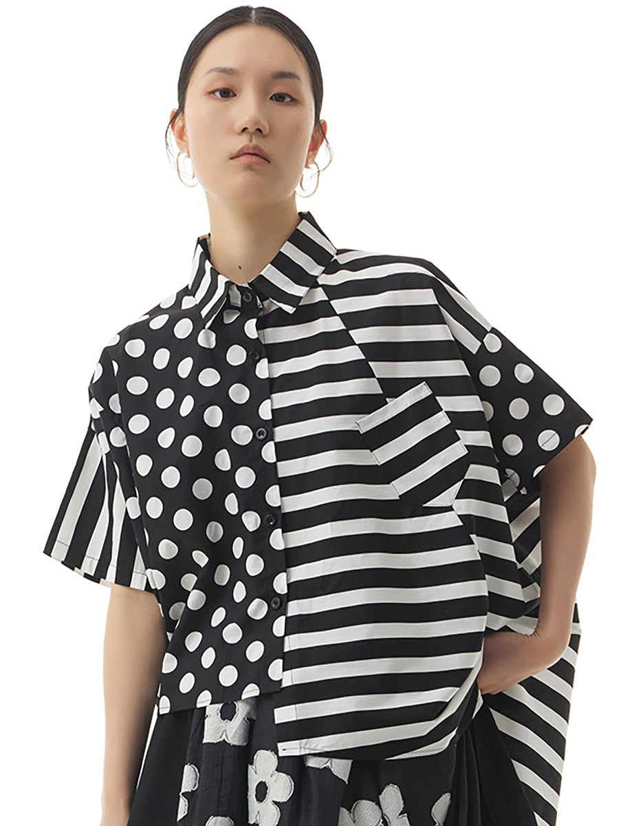 Chemise ample irrégulière à rayures et pois en coton pour femme