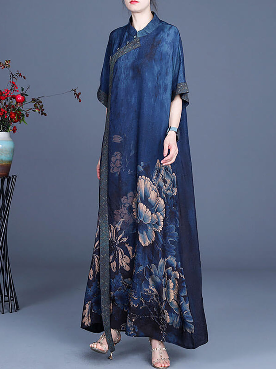 Women Casual Retro Flower Rayon Stitching Dress