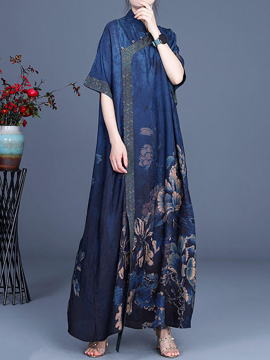 Women Casual Retro Flower Rayon Stitching Dress