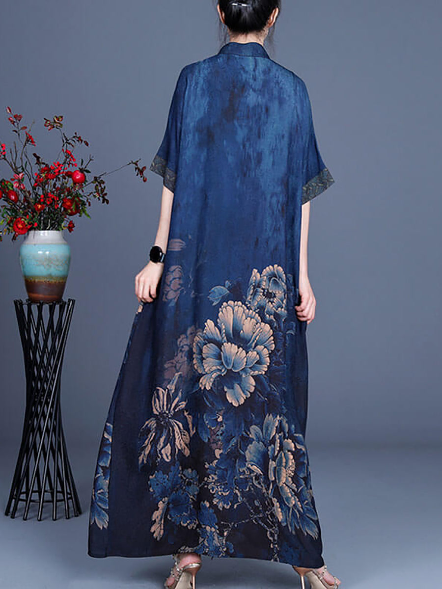 Women Casual Retro Flower Rayon Stitching Dress