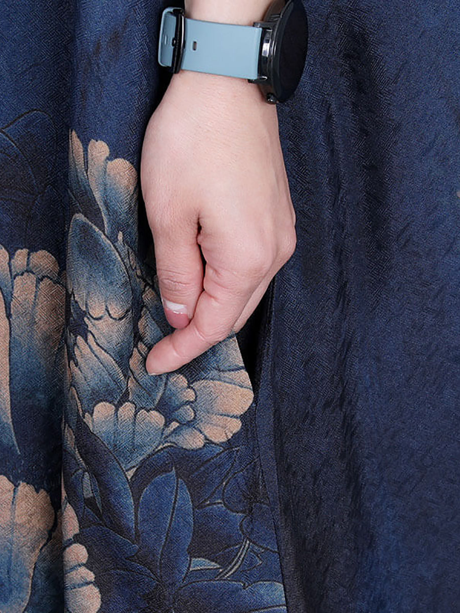 Women Casual Retro Flower Rayon Stitching Dress