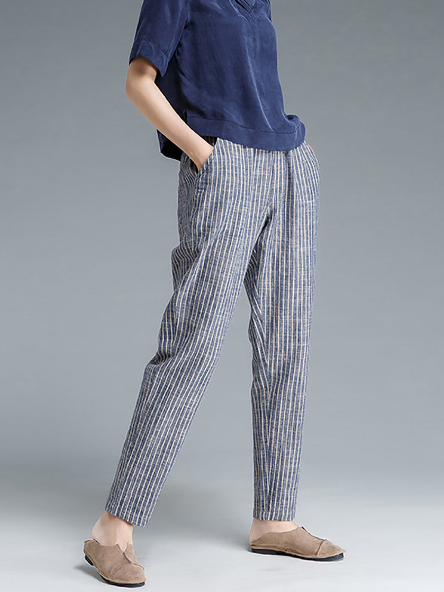 Pantaloni da donna in cotone e lino a righe