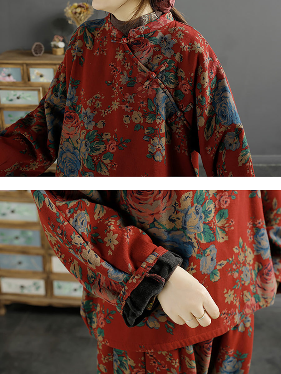 Camicia obliqua larga con fiori etnici da donna