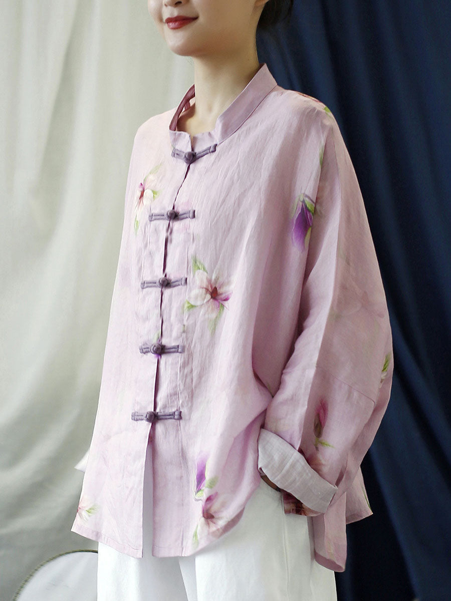 Cappotto camicia vintage da donna con fiori rosa primaverili in ramiè