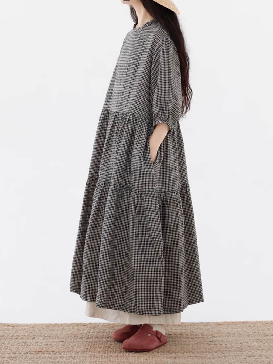 Women Artsy Plaid Spliced 100%Cotton Tiered Dress