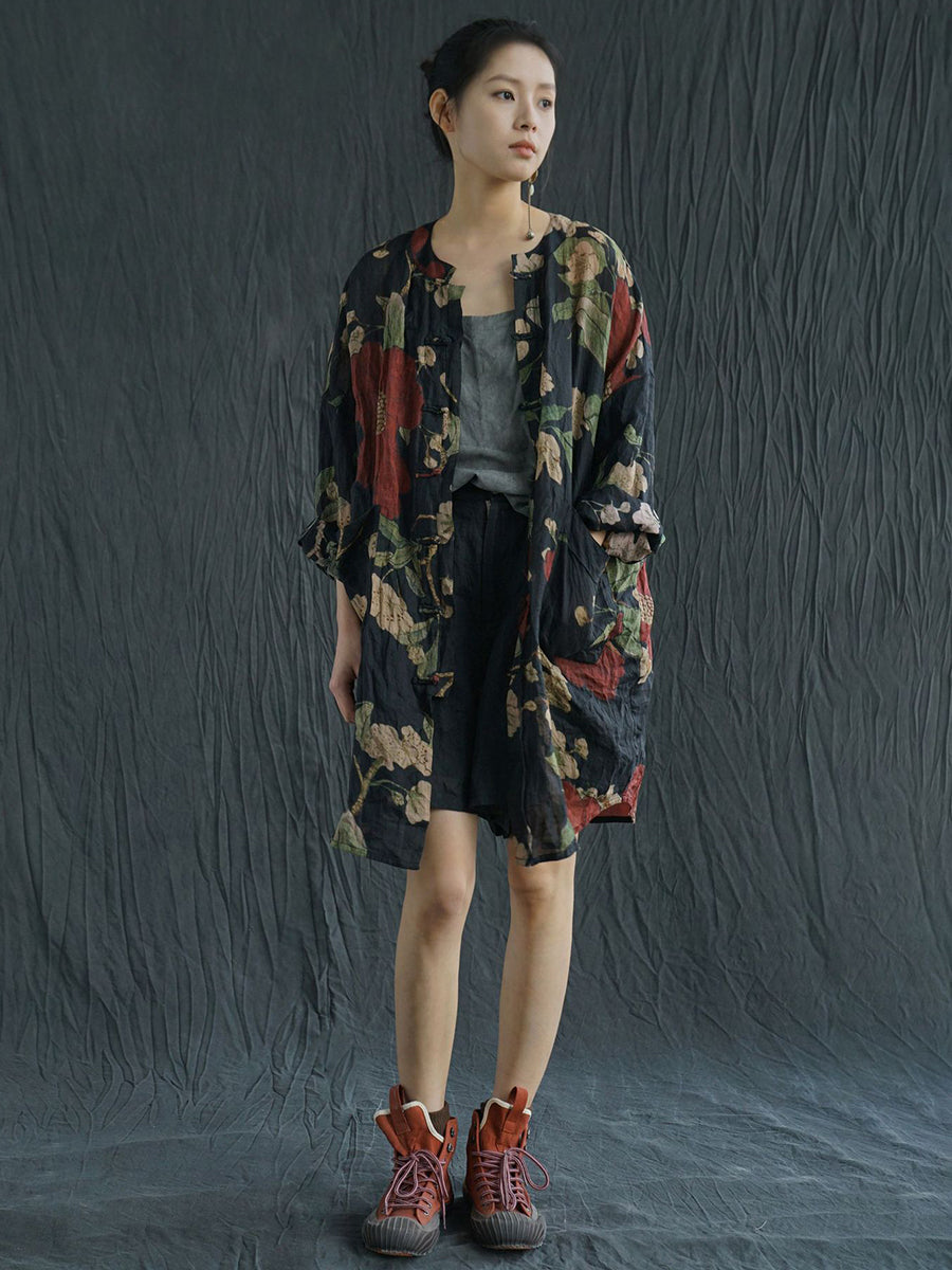 Camicia lunga primaverile con stampa floreale vintage da donna in ramiè