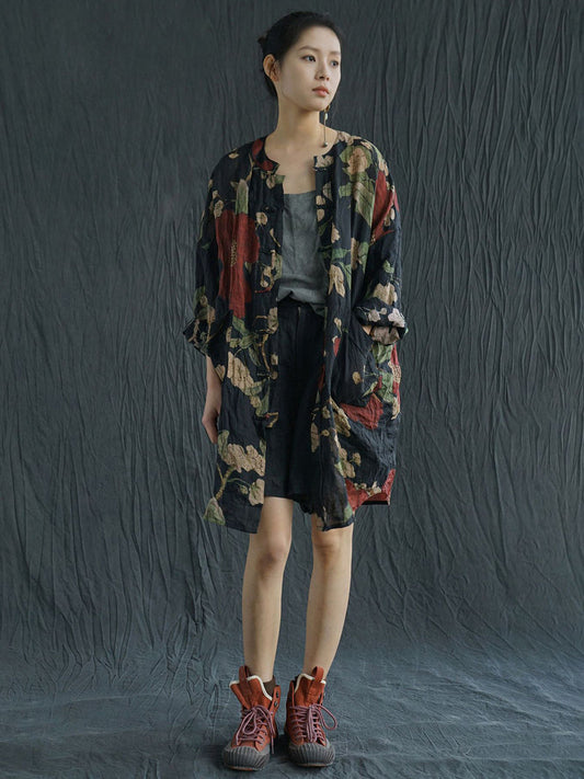 Camicia lunga primaverile con stampa floreale vintage da donna in ramiè