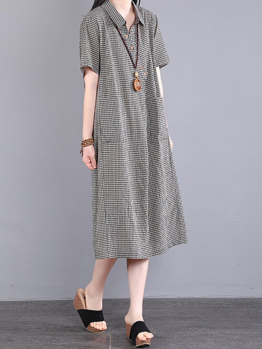 Women Casual Plaid Slant Closure Button Loose Dress