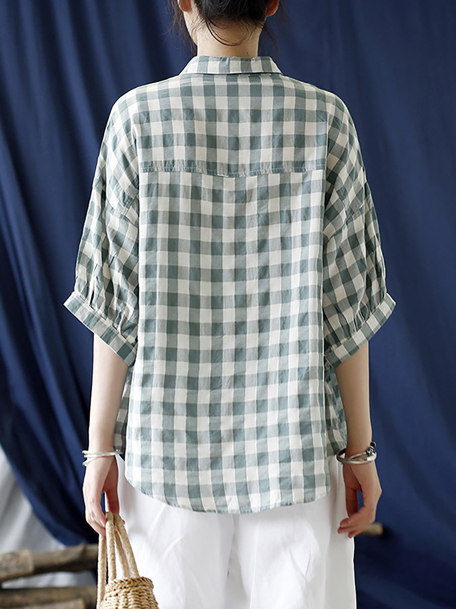 Camicia da donna vintage a quadri estivi in ​​lino