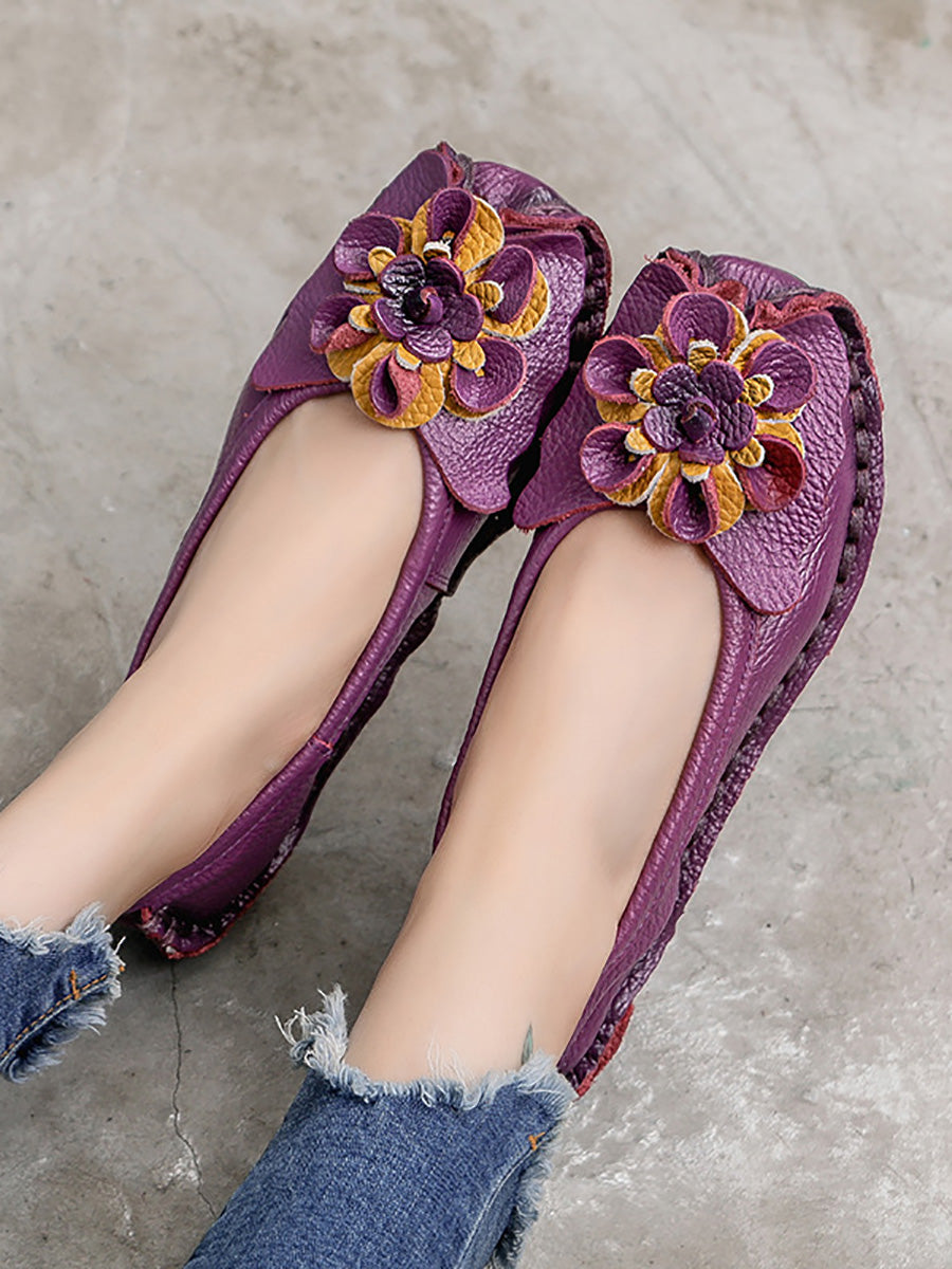 Scarpe estive vintage da donna in pelle con fiori intrecciati