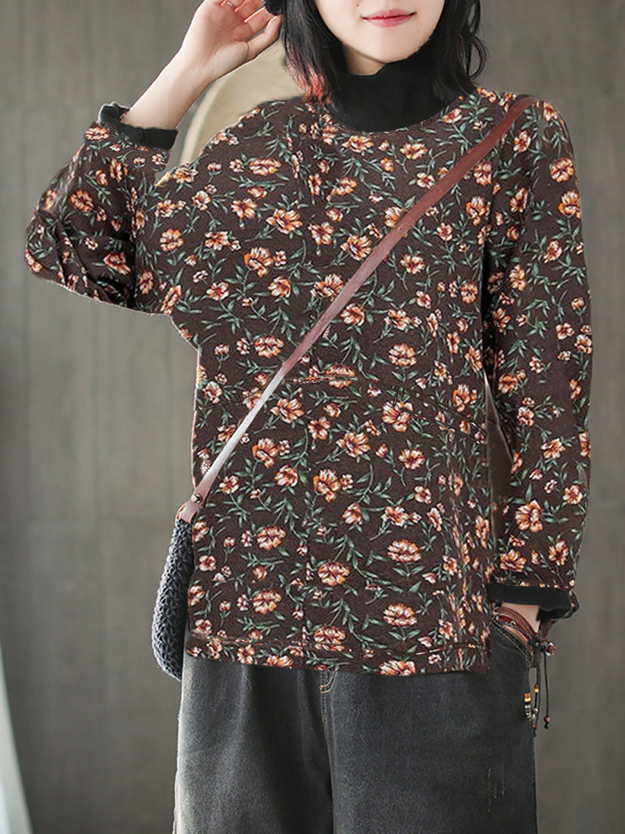 Camicia in cotone con collo a mezza altezza e fiore vintage
