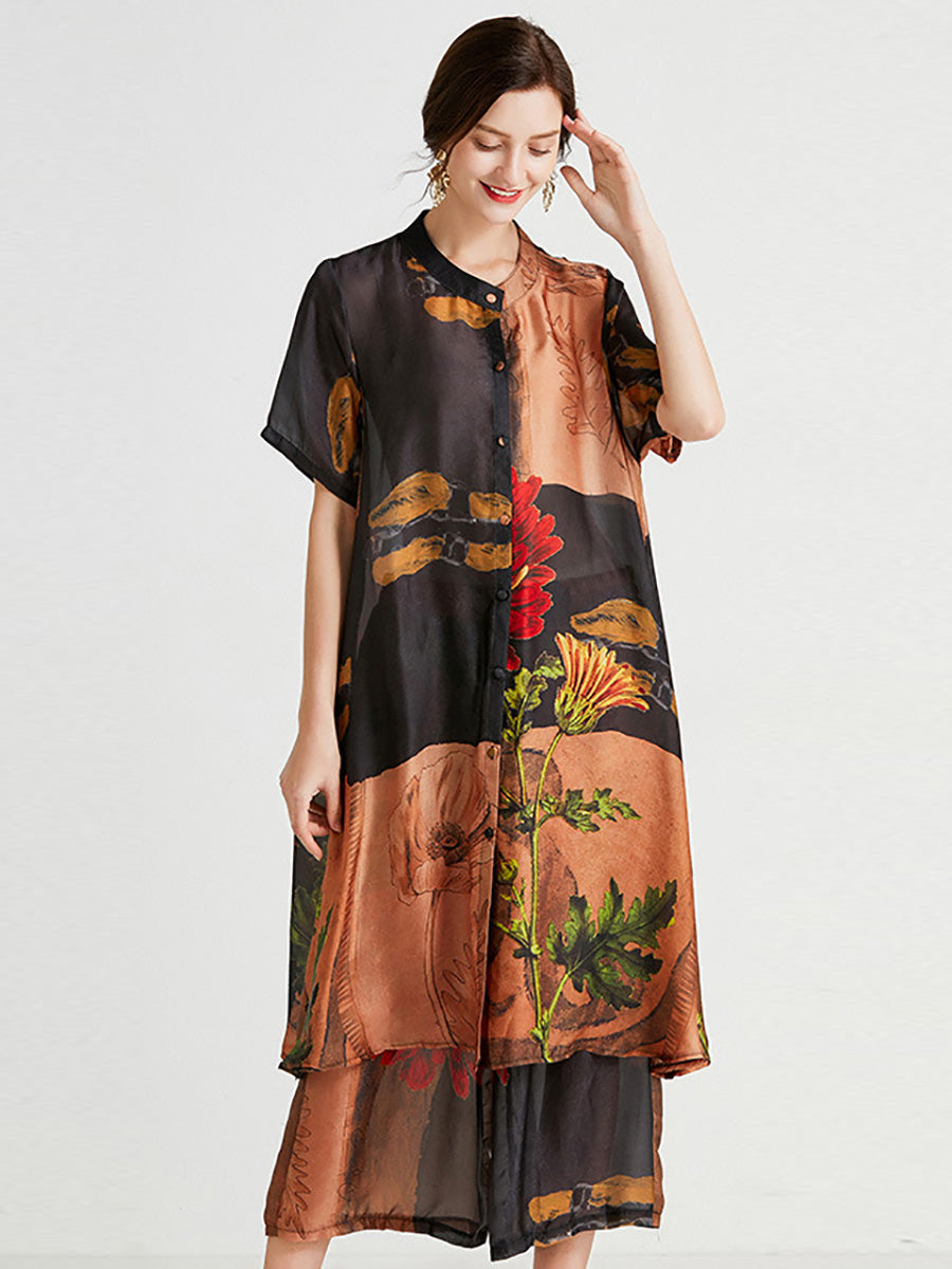 Camicia lunga con fiori artistici e pantaloni da donna