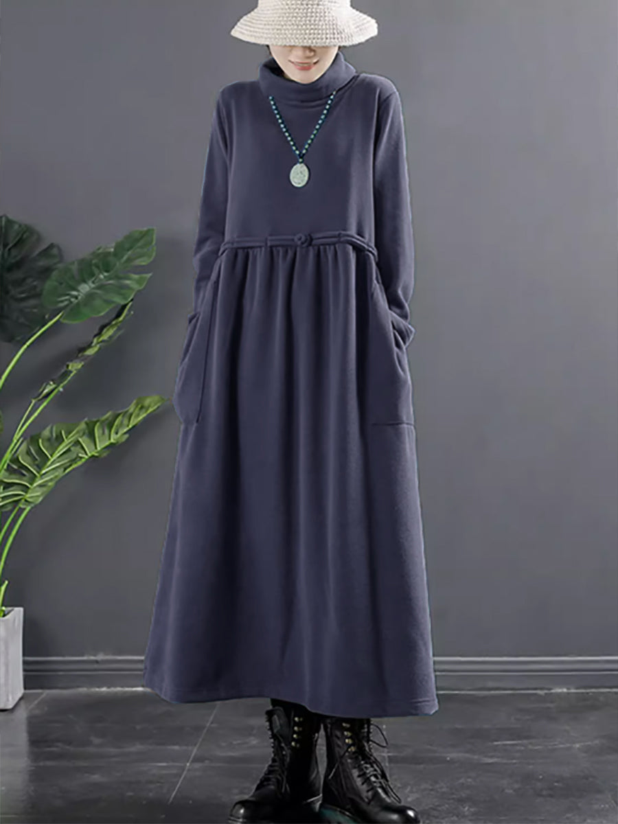 Abito lungo drappeggiato con collo alto in colore puro da donna