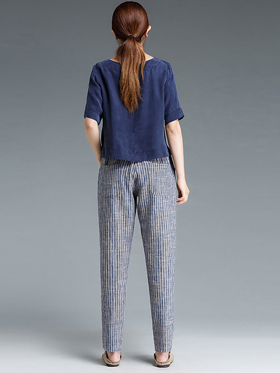 Pantaloni da donna in cotone e lino a righe
