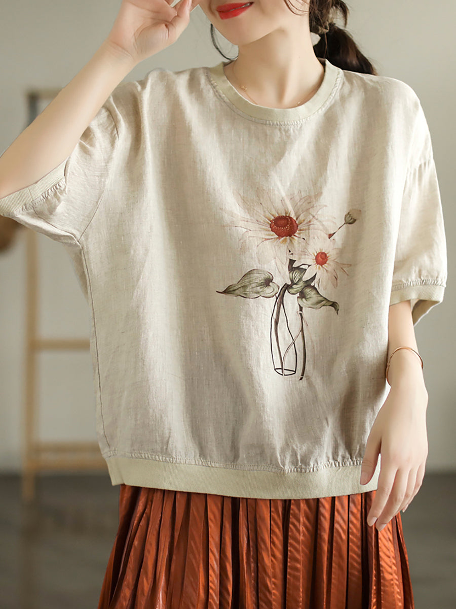 T-shirt d'été décontracté à manches courtes en lin pour femmes