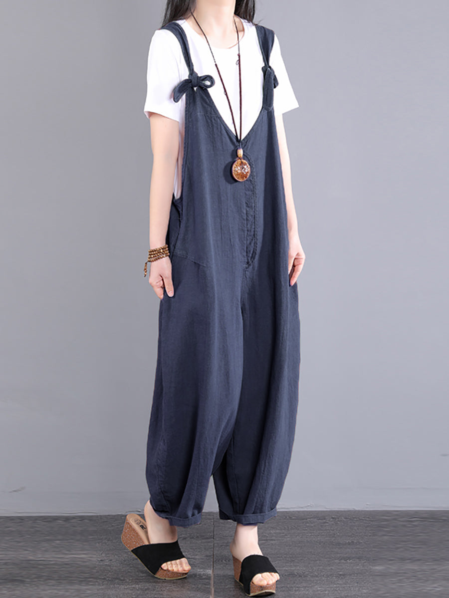 Tute larghe in ramiè con scollo a V e nodo vintage da donna