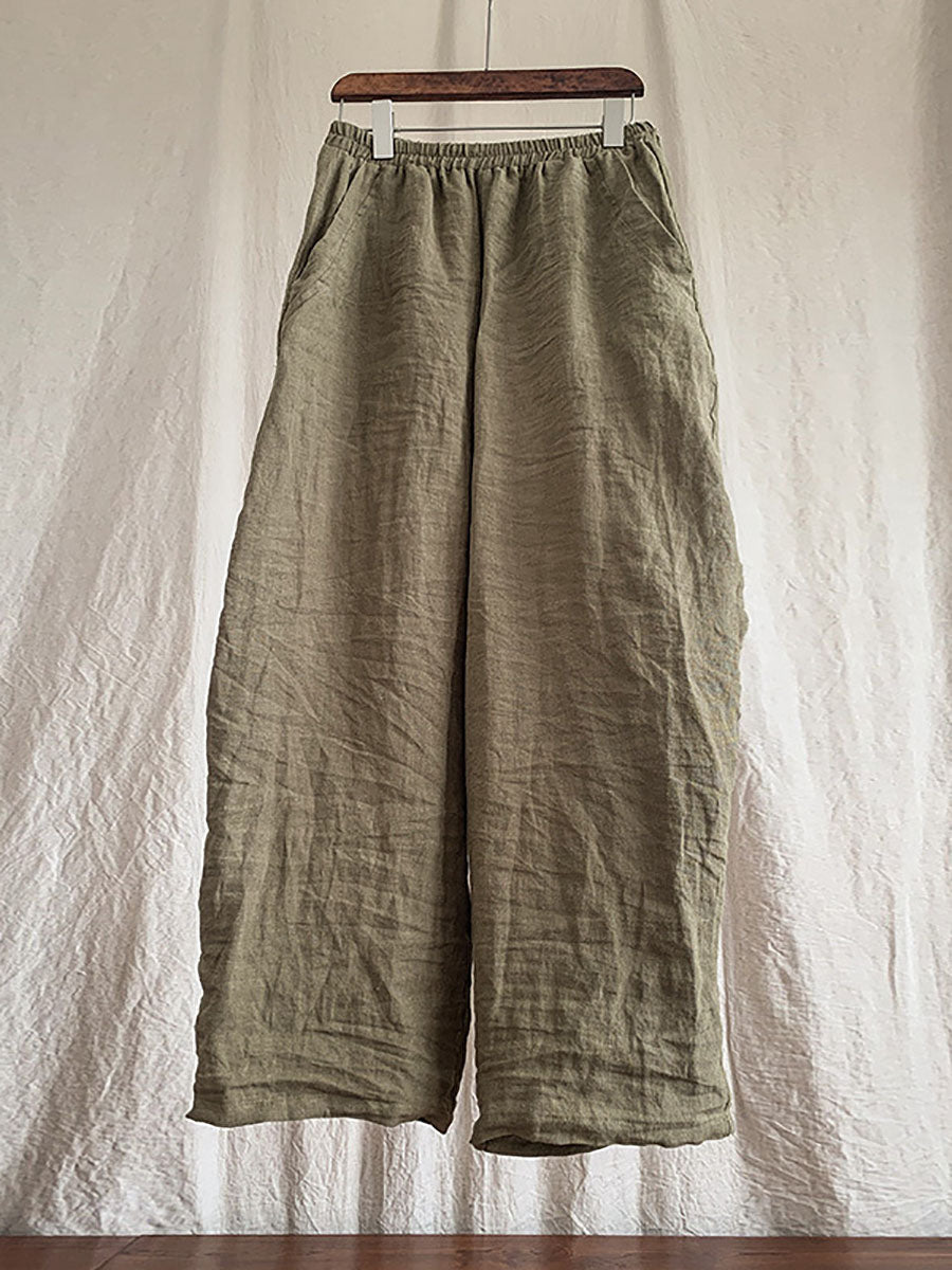 Pantalon en lin décontracté pour femme, couleur unie, ample, taille élastique