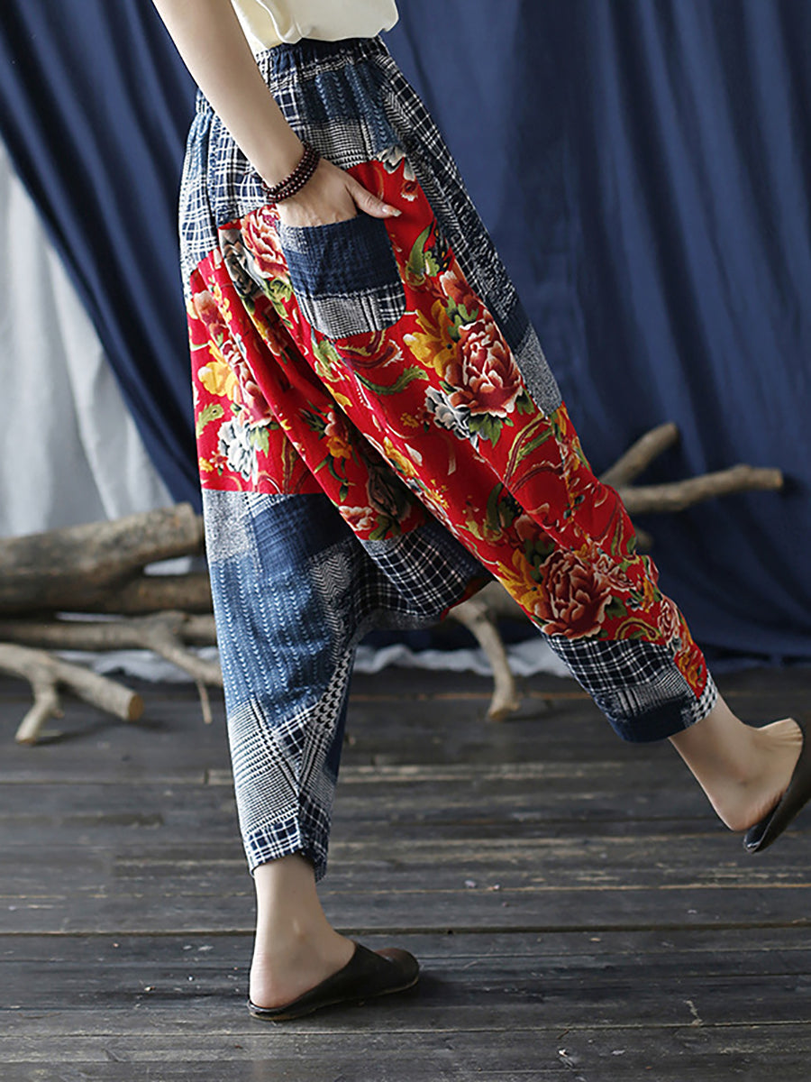 Pantalon décontracté à taille élastique pour femme à carreaux patchwork