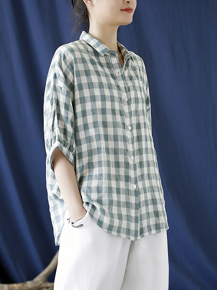 Camicia da donna vintage a quadri estivi in ​​lino
