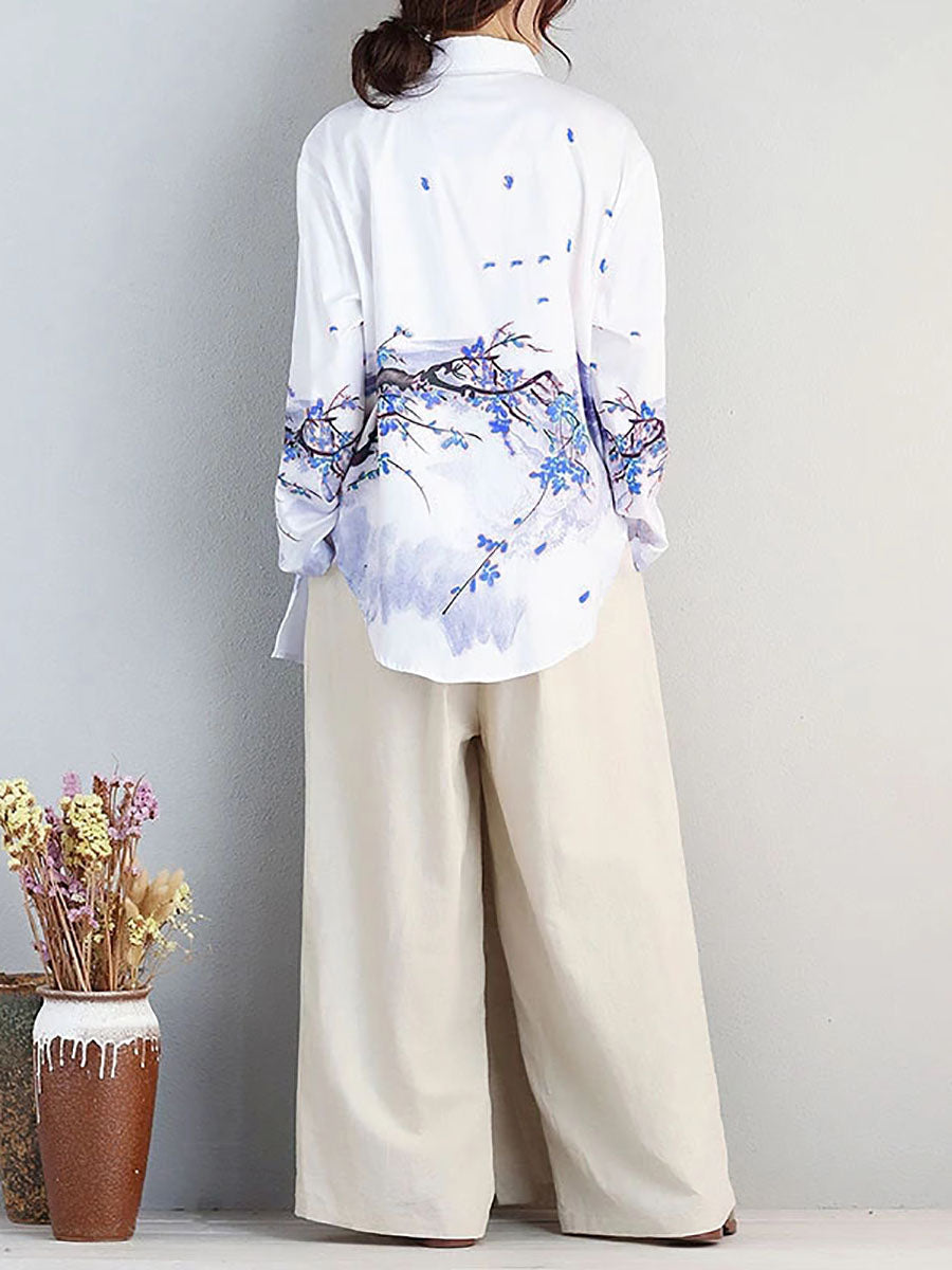 Camicia irregolare monopetto in cotone da donna con stampa letteraria