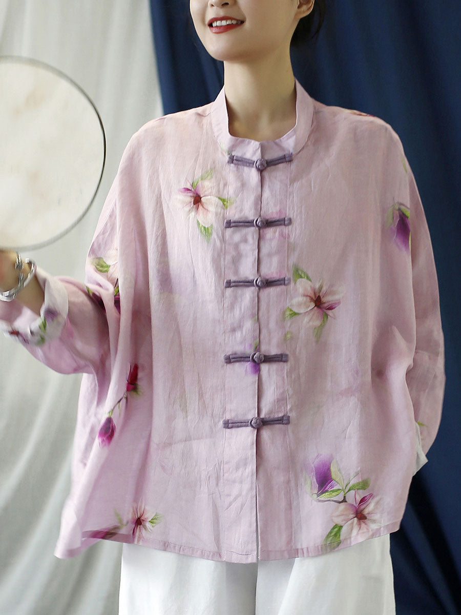Cappotto camicia vintage da donna con fiori rosa primaverili in ramiè