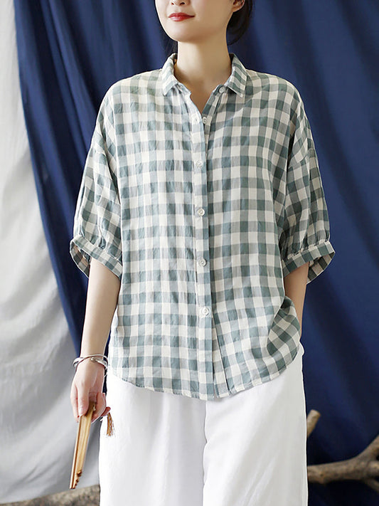 Camicia da donna vintage a quadri estivi in ​​lino