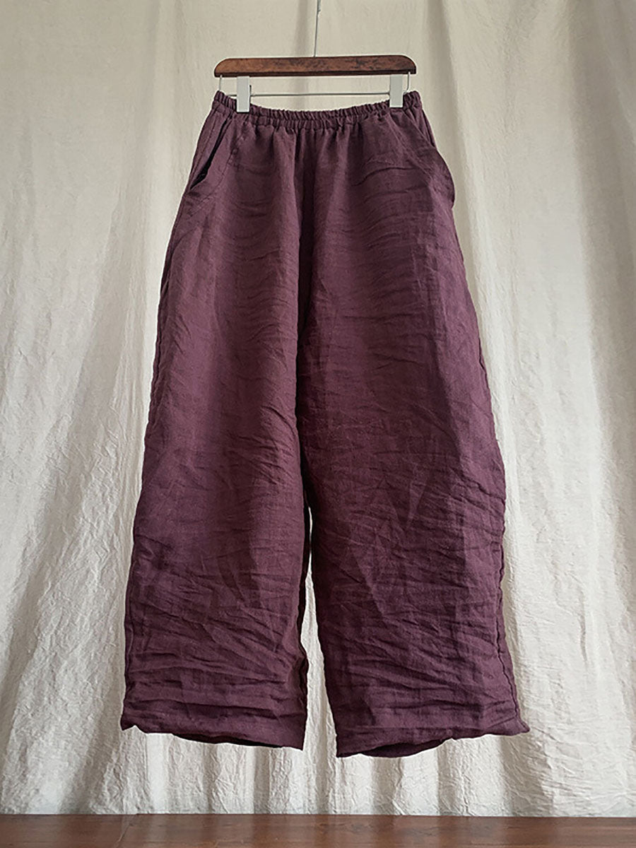 Pantalon en lin décontracté pour femme, couleur unie, ample, taille élastique