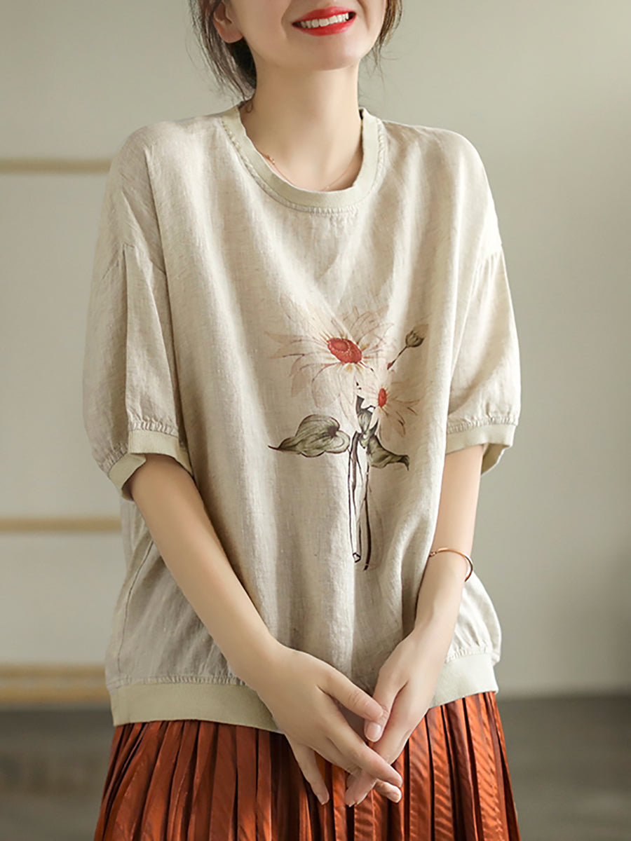 T-shirt d'été décontracté à manches courtes en lin pour femmes
