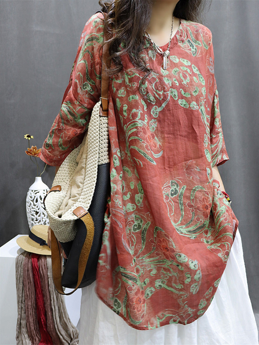 Camicetta estiva vintage da donna con fiori di ramiè M3XL