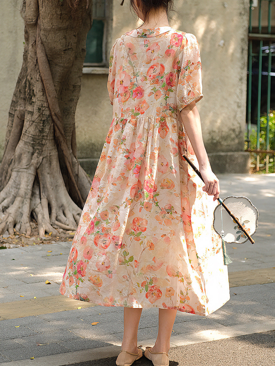 Vestito da donna vintage estivo con bottoni floreali e ampio in ramiè