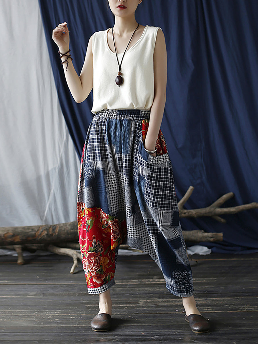 Pantalon décontracté à taille élastique pour femme à carreaux patchwork