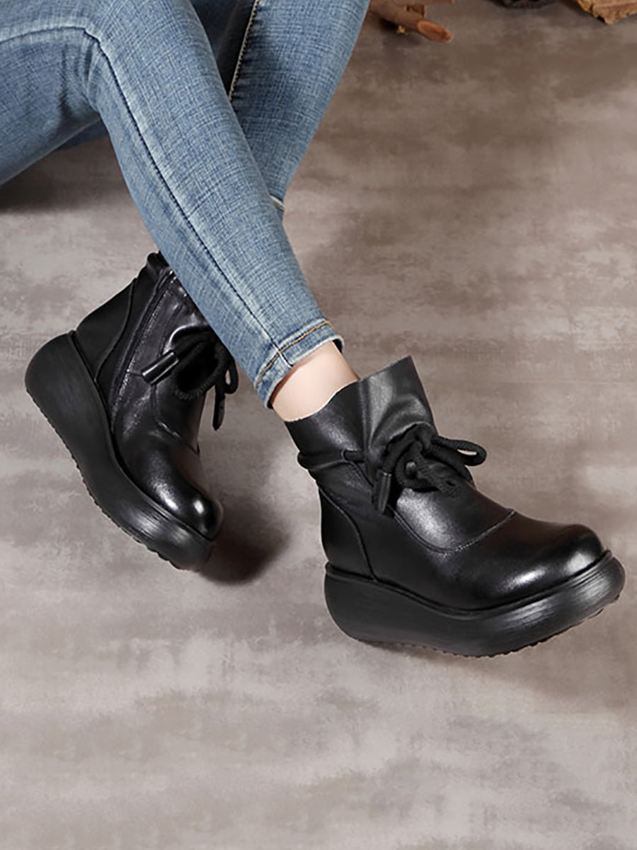 Stivali da donna vintage invernali in pelle con plateau
