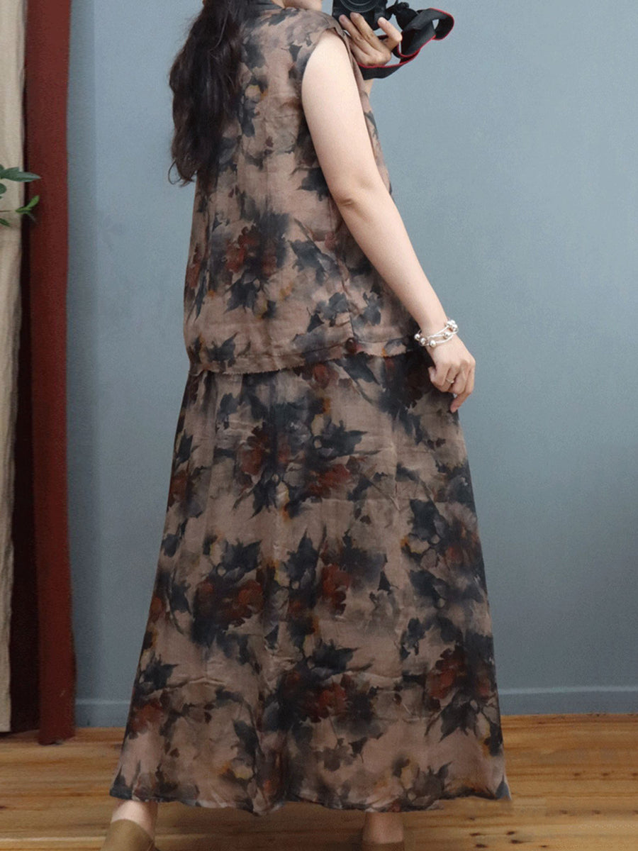 Chemise/jupe d'été en lin à imprimé grenouille et fleurs de style chinois pour femmes