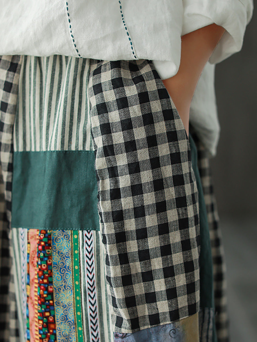Gonna Aline in lino casual con stampa irregolare e cuciture
