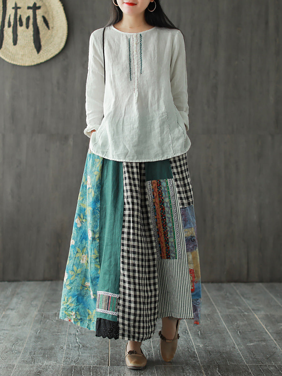 Gonna Aline in lino casual con stampa irregolare e cuciture