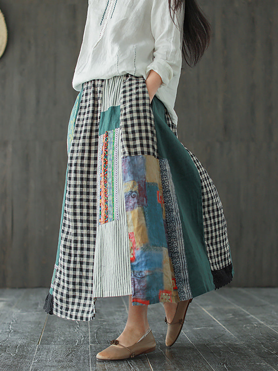 Gonna Aline in lino casual con stampa irregolare e cuciture