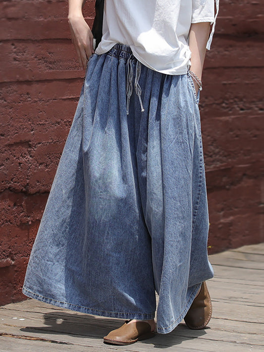 Jeans pantaloni larghi in denim blu con coulisse casual