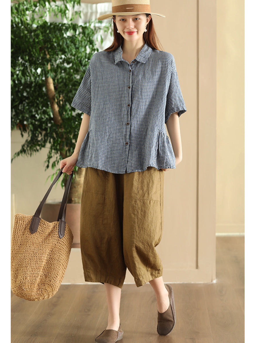 Cardigan estivo casual a quadri con bottoni in lino da donna