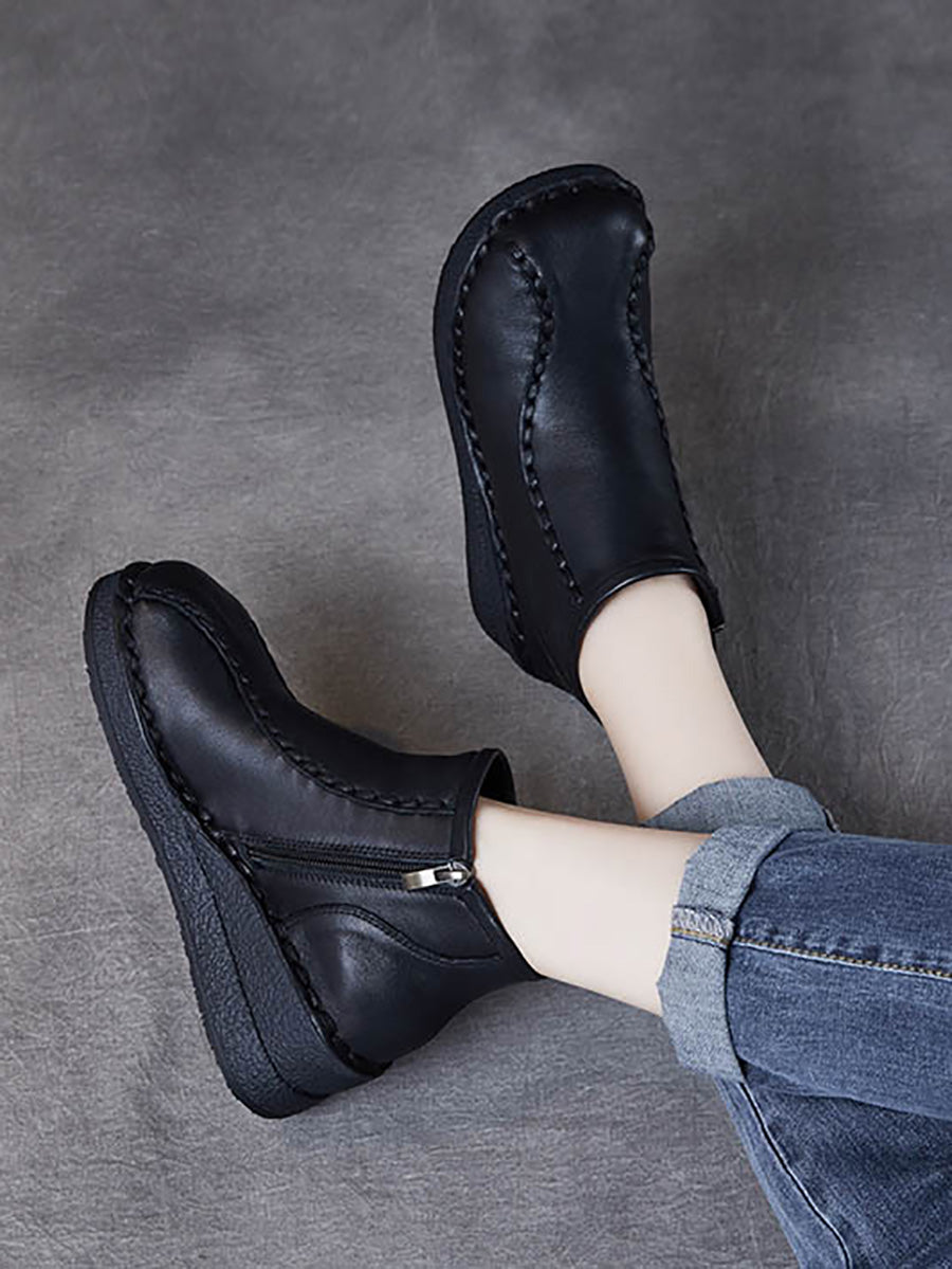 Bottes mi-talons rétro en cuir souple avec doublure polaire pour femmes 