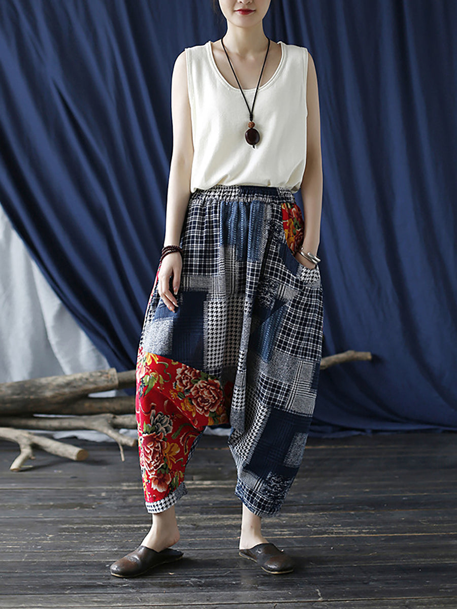 Pantalon décontracté à taille élastique pour femme à carreaux patchwork