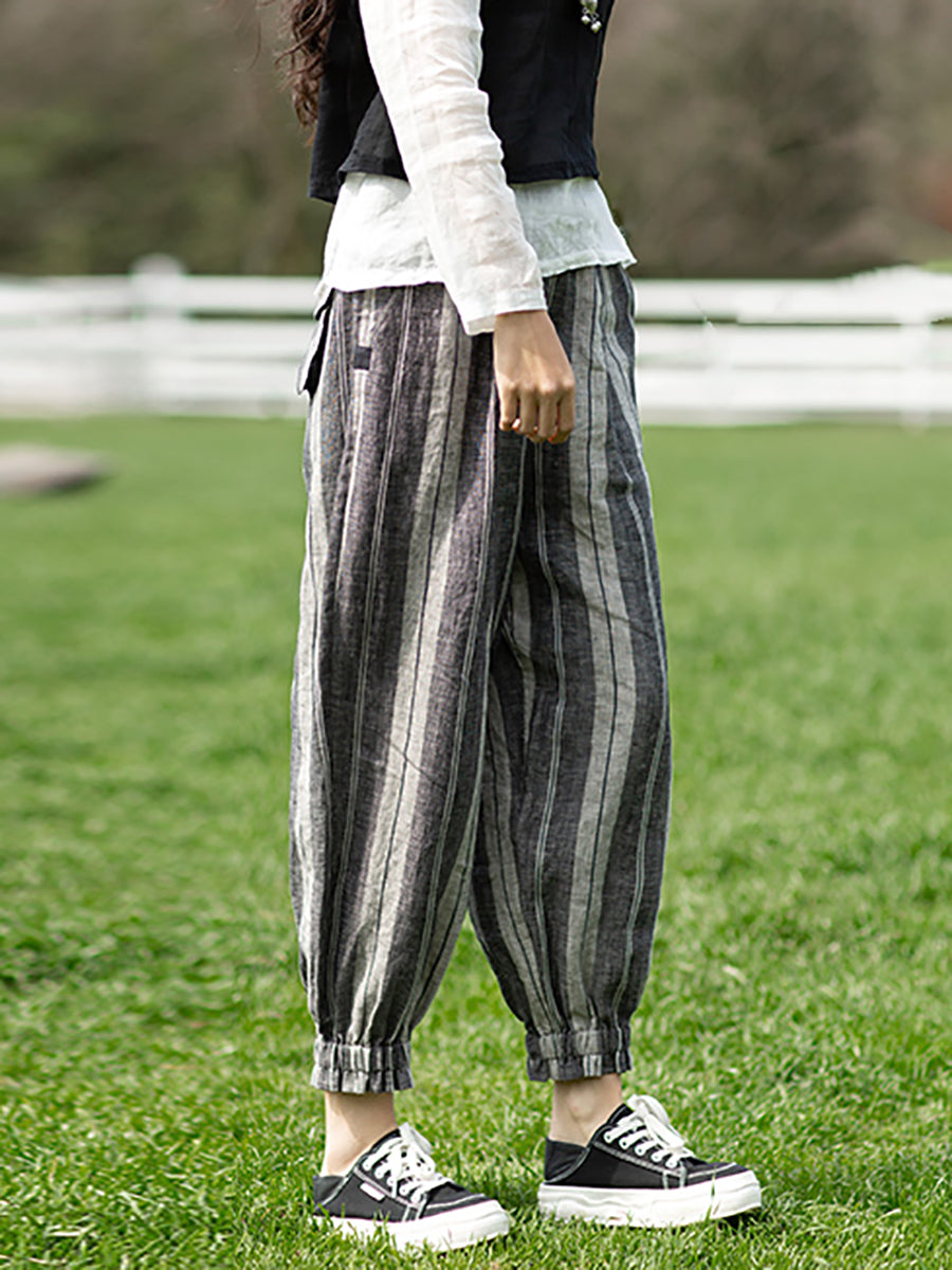 Women Retro Stripe Yarndyed Pocket Linen Harem Pants
